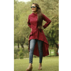 Maroon Color Cotton Fabric Updown Kurti With Jeans